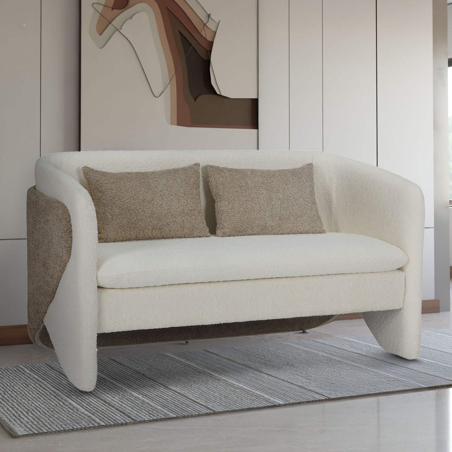 Teddy Boucle Fabric White & Beige Jolanda 2 Seat Accent Chair