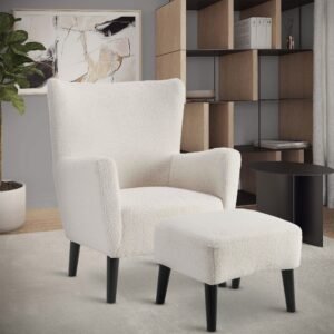 Teddy Boucle Fabric White Ginerva Accent Wingback Chair with Footstool