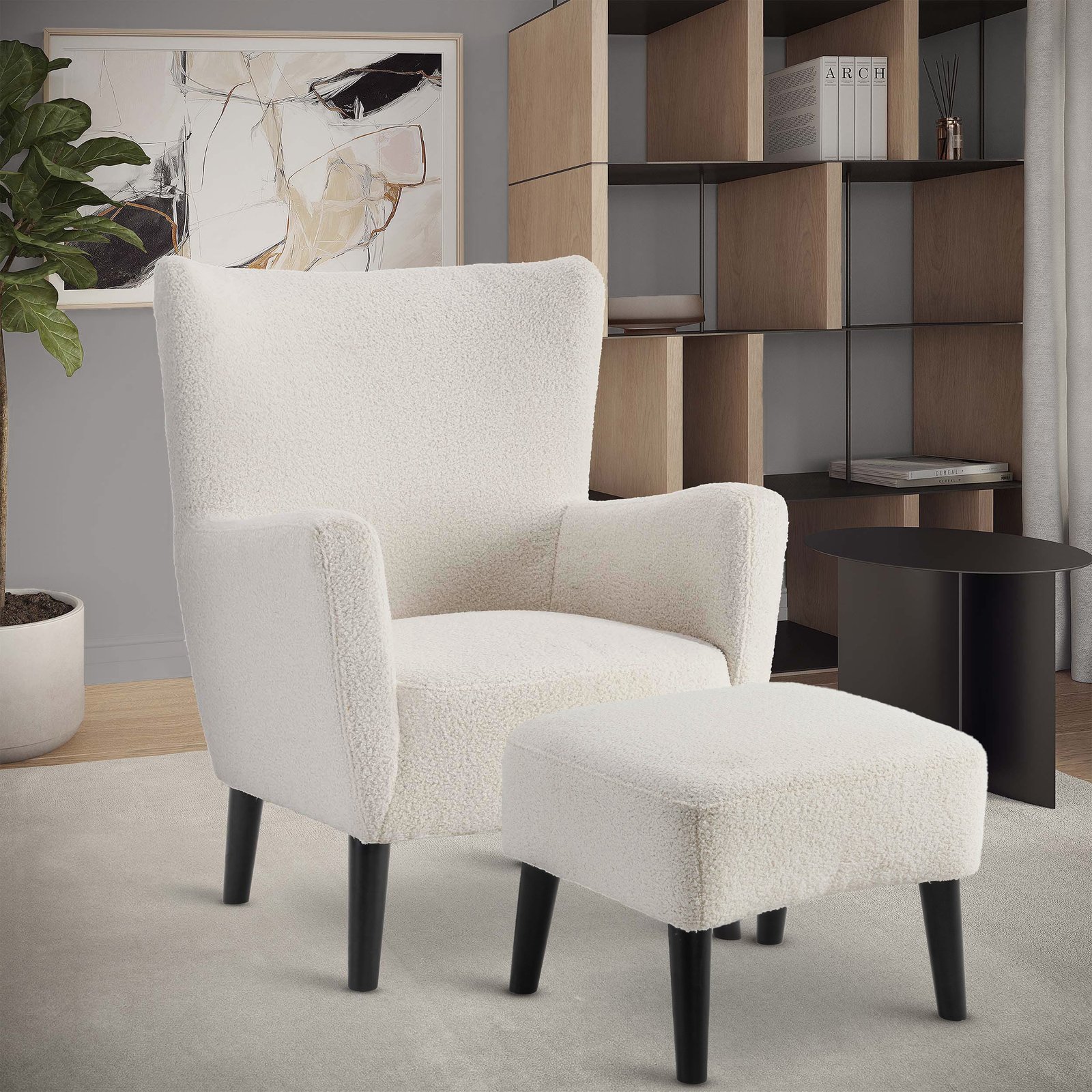 Teddy Boucle Fabric White Ginerva Accent Wingback Chair with Footstool