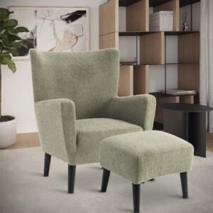 Teddy Boucle Fabric Sage Green Ginerva Accent Wingback Chair with Footstool