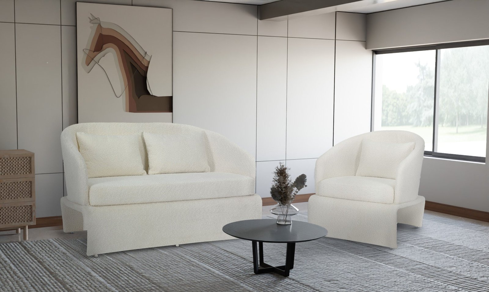 Teddy Boucle Fabric Cream Jaquetta 2+1 Accent Chair Set