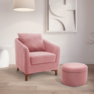 Teddy Boucle Fabric Pink Angela Accent Tub Chair with Ottoman