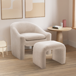 Teddy Boucle Fabric White Nicci Accent Chair with Footstool